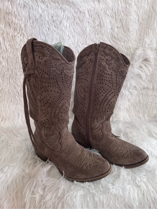 Shoes - Women's Brown Suede Lace-Up Western Boots with Perforated Detail